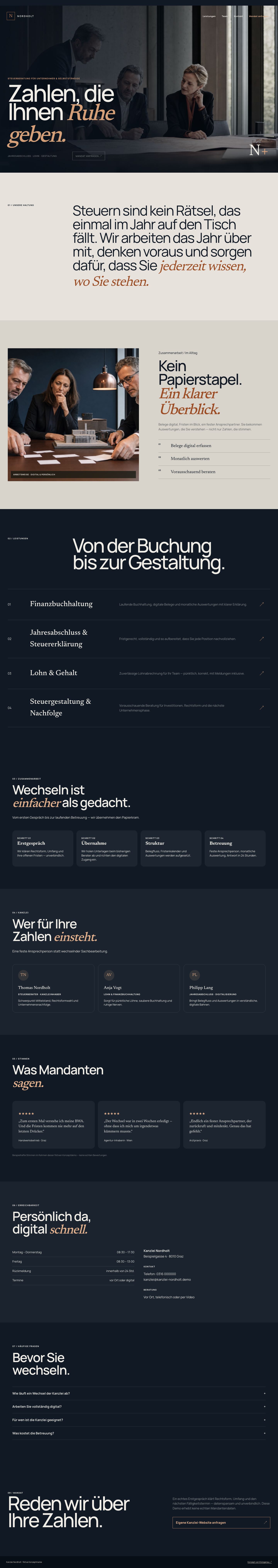 Vollständige Desktop-Ansicht der fiktiven Website Kanzlei Nordholt