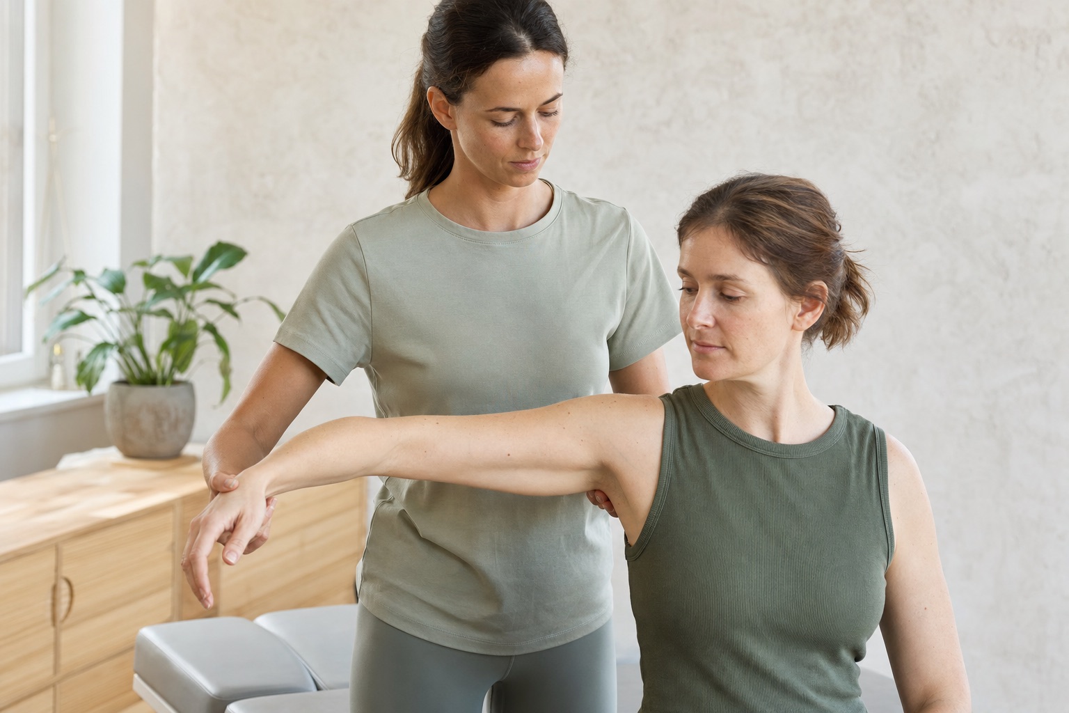 Physiotherapeutin begleitet eine Patientin bei einer kontrollierten Schulterübung